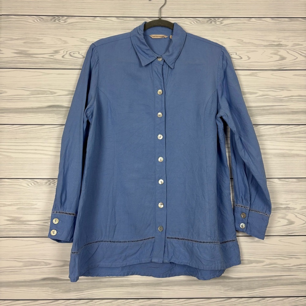 Soft Surroundings Linen Blend Blue Button Down Shirt Size Large